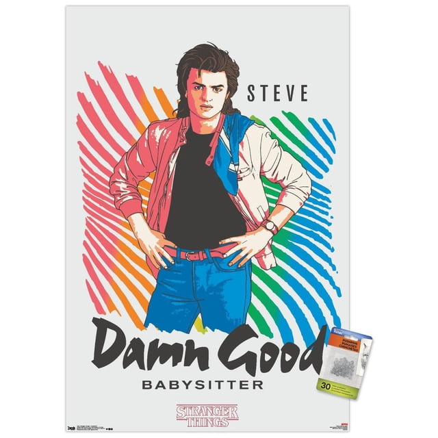 Netflix Stranger Things : Saison 2 - Affiche Murale de la Gardienne, 14,725 Po x 22,375 Po, Présentant une illustration Graphique de Steve Portant une Veste Rouge et Blanche, une Chemise Noire, des jeans Bleus avec une Ceinture Rouge et un Tissu Bleu sur une Épaule, Debout avec les Mains sur les Hanches sur un Fond d'Empreintes Multicolores en Rouge, orange, Vert et Bleu, avec Texte Audacieux « Merde de Bonne Gardienne » et le logo Stranger Things au Bas, Idéal pour Décorer des Chambres, des B