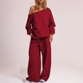 thumbnail image 2 of MeetoTime Women's 2 Piece Set Fleece Round Neck Pullover Sweatshirt Wide Leg Pants Tracksuit Lounge Outfit, 2 of 6
