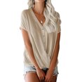thumbnail image 3 of Women Solid Color V Neck Batwing Sleeve Cross Drape Front Buttons T-Shirt, 3 of 5