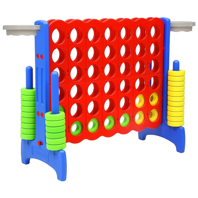 SDADI Jeu Géant de 33 Pouces 4-en-Ligne et Jeu de Basketball sur Sol en Bleu et Rouge. Ce Plateau de Jeu en Plastique durable Présente une Grille Rouge Vibrante avec des supports Bleus, des Bords Arrondis pour la Sécurité et des Anneaux de Basketball sur les Côtés pour Plus de Plaisir. Comprend des Anneaux Verts et Jaunes pour le Jeu, Idéal pour les Réunions de Famille, les Fêtes Ou les Activités Extérieures. Convient à une Utilisation Intérieure et Extérieure, Mesurant 32,50 x 16,10 x 33 Pouces.