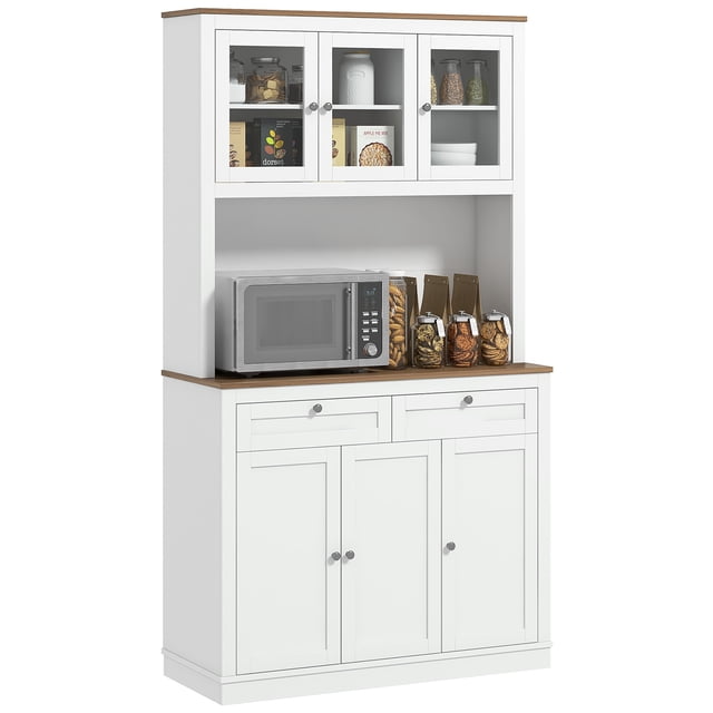 HOMCOM Armoire de Garde-Manger de 71 Pouces avec Espace pour Micro-Ondes Buffet avec Huche en Blanc. Présente un design Épuré avec des Portes de Style Shaker, des Panneaux en Verre sur les Armoires Supérieures et des Boutons en Métal. Comprend Huit Compartiments, Deux Tiroirs et des Tablettes Ajustables pour un Rangement Polyvalent. le Spacieux Comptoir avec un Trou pour Câbles Accueille des Appareils comme un Micro-Ondes. Fait de MDF et de Panneau de Particules avec une Finition Mélaminée pour un Nettoyage Facile. Conception Anti-Basculement Assure la Sécurité.