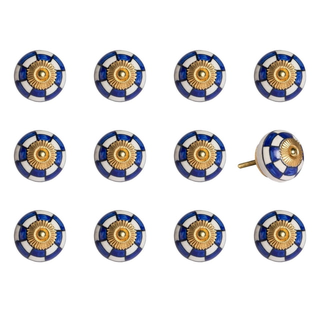 KNOB-IT vintage handpainted ceramic knobs 12-pack with round blue and white checkered pattern and central gold-toned sunburst metal detail, 1.5 inch diameter and 1.25 inch bolt, ideal decorative cabinet hardware for drawers, cupboards, and furniture updates.
