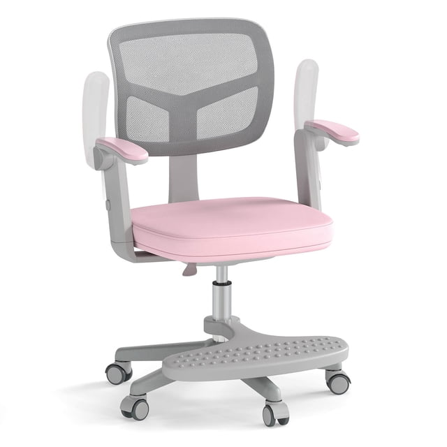 Costway Kids Desk Chair Children Study Chair with Adjustable Height, Armrest & Footrest Pink. This adjustable swivel chair for kids features a breathable mesh backrest with Y-shaped lumbar support, a padded removable seat cushion, and adjustable armrests and footrest. Designed for comfort and posture support, it includes a stable 5-claw base with smooth universal wheels for mobility, making it ideal for study or creative activities.