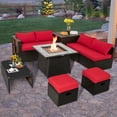 thumbnail image 2 of Patiojoy 9 Pieces Outdoor Patio Furniture Set with 35-Inch Propane Fire Pit Table Outdoor PE Wicker Space-Saving Sectional Sofa Set with Storage Box and Cushions Red, 2 of 10