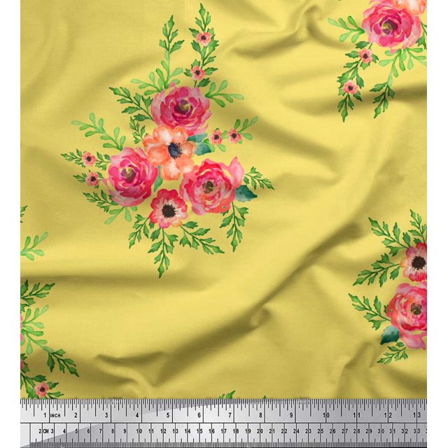 Soimoi Yellow Silk Fabric Flower Floral Print Fabric By Yard 44 Inch Wide