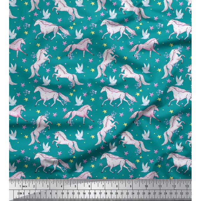Soimoi Moss Georgette Fabric Dot,Star & Unicorn Animal Print Fabric by the Yard 42 Inch Wide