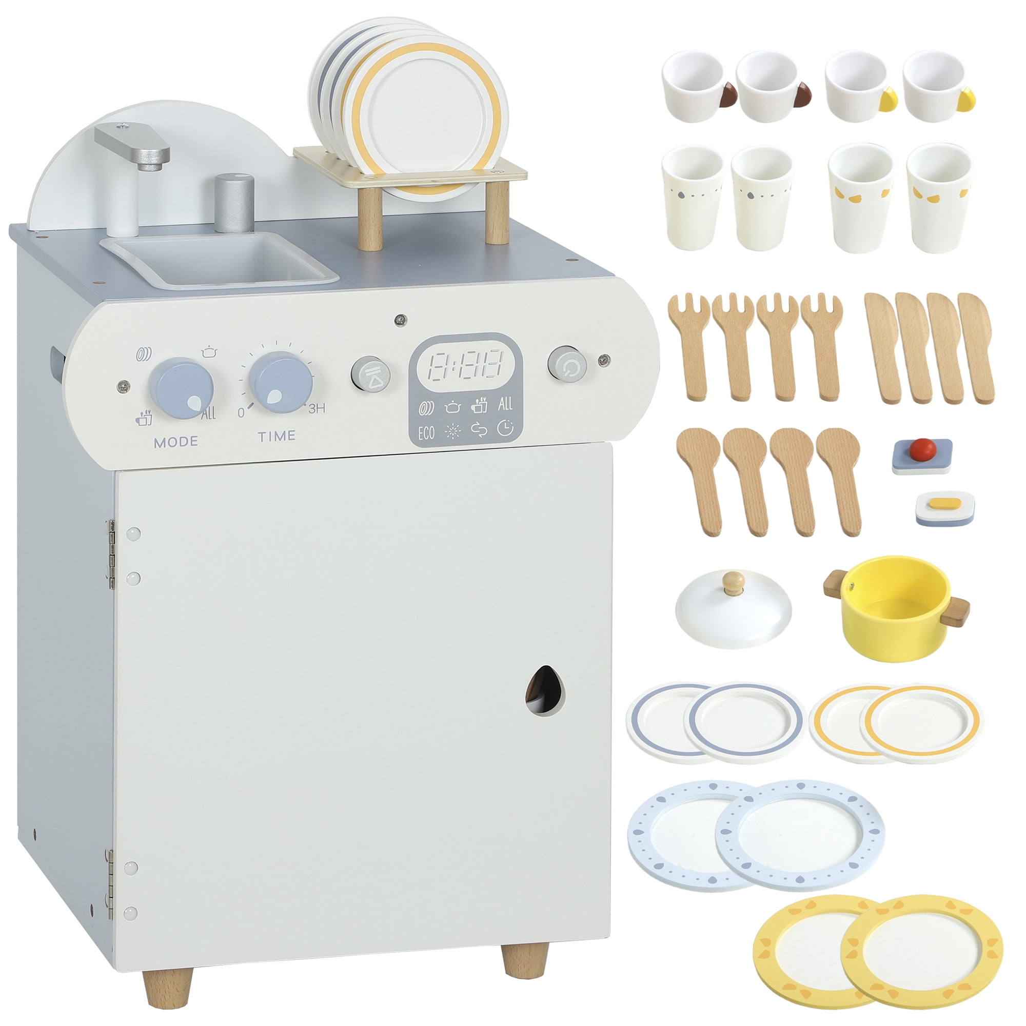 Qaba Wooden Dishwasher Playset, Pretend Play Kitchen Toys with Accessories