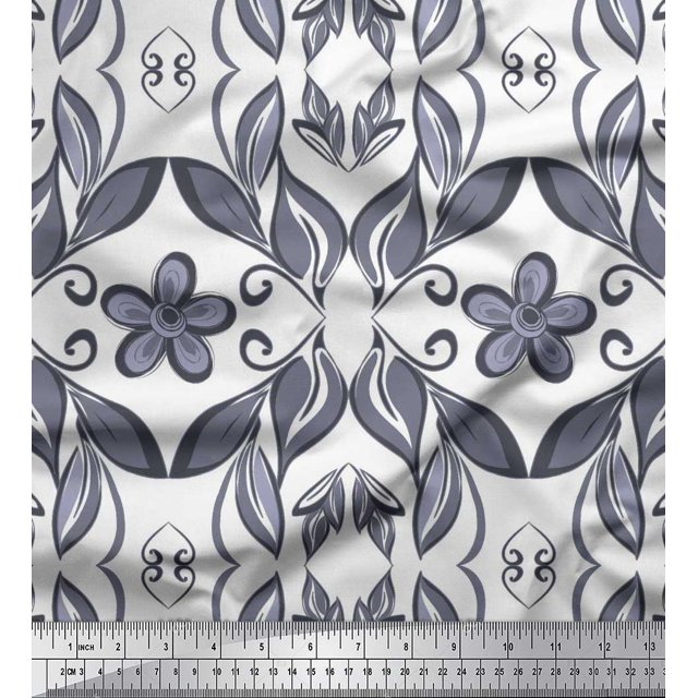 Soimoi Poly Georgette Fabric Filigree Damask & Artistic Leaves Print Sewing Fabric Yard 42 Inch Wide