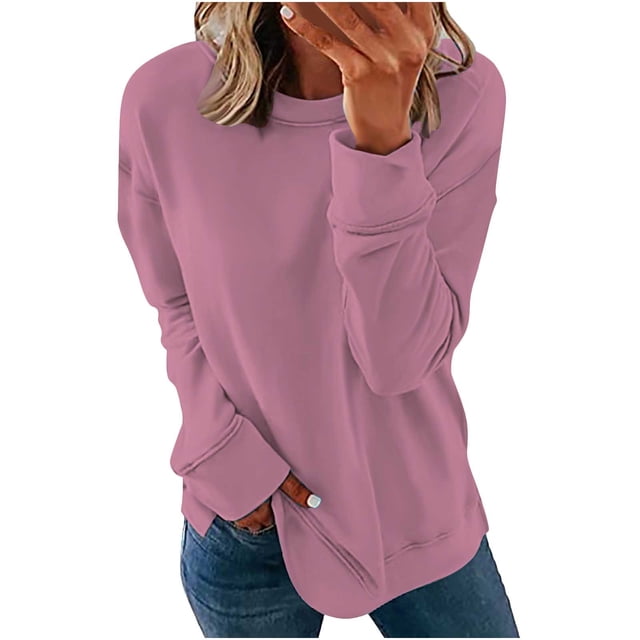 CEHVOM Chandails Décontractés à Manches Longues pour Femmes, Couleur Unie, Col Rond, Chandail Molletonné, Tunique Ample, Liquidation