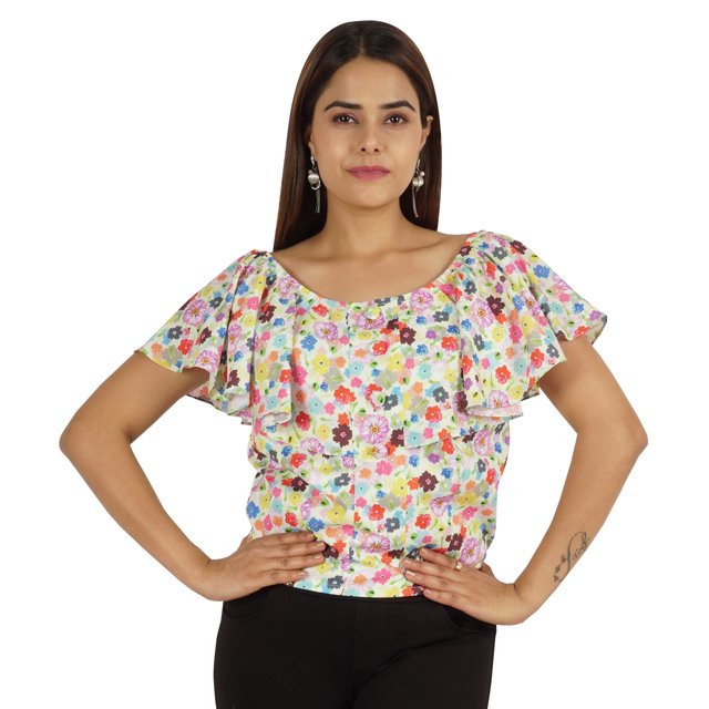 Moomaya Hauts Imprimés pour Femmes Blouse à Manches Courtes Évasée