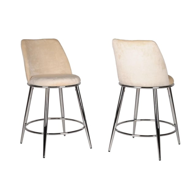 Nora Ensemble de 2 Tabourets de Comptoir en beige avec Dossiers Courbés pour Soutien Ergonomique, Pattes Évasées à Fini Chrome et Repose-Pieds Circulaires, Rembourrés en Tissu Doux Offrant un Style Contemporain Idéal pour les Sièges de Cuisine Ou de bar.