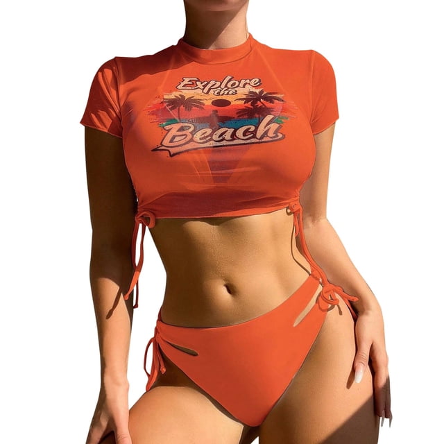 Kcodviy Women's European and Bikini Bathing Suit Shorts Split Print Three Piece Womens Swimming Suits with Skirts Net Red Sun Screen Bikini with Underwire Support Binding Beach Swimsuit