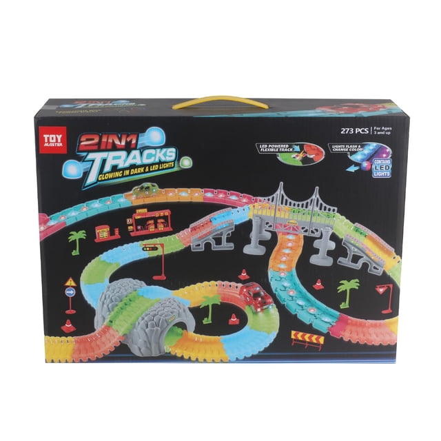 Tradeopia 2-in-1 Glow Tracks and LED Lights Set - 273 Pieces for Creative Play Ages 3+, Light-Up Race Cars Included, Educational STEM Toy