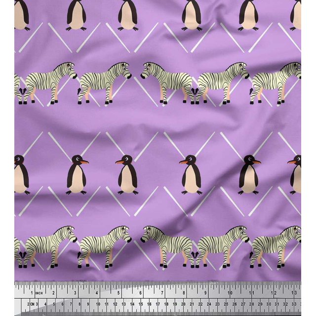 Soimoi Purple Polyester Crepe Fabric Penguin & Stripe Animal Decor Fabric Printed BTY 52 Inch Wide