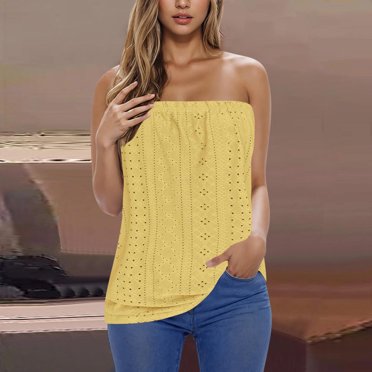 UPPADA Strapless Bandeau Tank Tops for Women Strapless Eyelet Embroidery Tube Tops Summer Backless Floral Printed Smocked Ruffled Sleeveless Summer Shirts Yellow,XXL