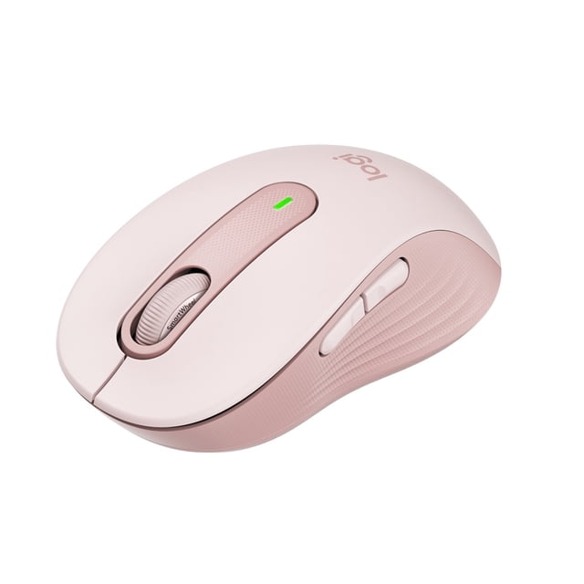 Logitech Signature M650 Wireless Mouse in soft pink designed for small to medium sized hands, featuring a contoured shape with textured rubber side grips, SmartWheel scroll wheel for precise and fast scrolling, two customizable side buttons, and a green LED indicator.