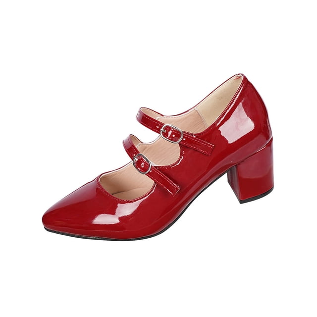 RXMEKW Patent Leather Mary Jane Pumps for Women with Block Heel for Plus Size, Pointed Toe & Adjustable Buckle Straps