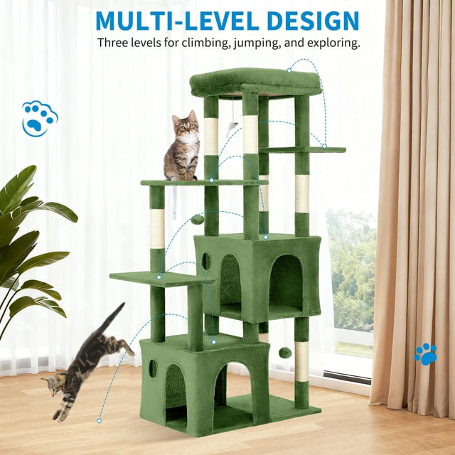 EDTara 61" Cat Tree Tower, Sturdy Modern Multi-Level Cat Furniture for Maine Coons and Large Indoor Cats With Jumbo Perch, 2 Spacious Condos, Durable Sisal Posts, and Hanging Play Balls