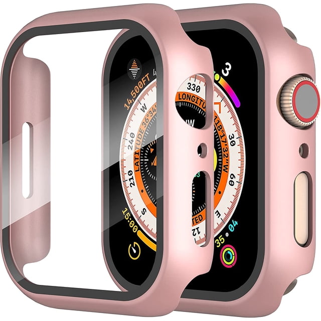 KOMI 2-Pack for Apple Watch 40mm Screen Protector Case in rose gold, designed for iWatch Series 8/7/6/5/4/SE/SE 2. Features an ultra-thin, all-around tempered glass screen protector with a durable hard PC bumper. Provides full coverage, anti-fingerprint coating, and 2.5D full-screen protection. Includes two cases and cleaning kits.