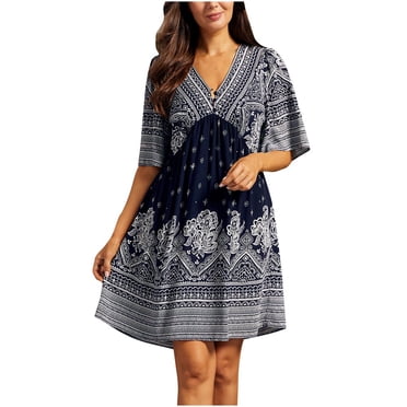 Wedding Guest Dress Womens Fashion Bohemian V Neck Loose 3/4 Sleeve Print Mini Length Dress Polka Dot Sling Dress Mini Dress Maxi Dress Strapless Dress
