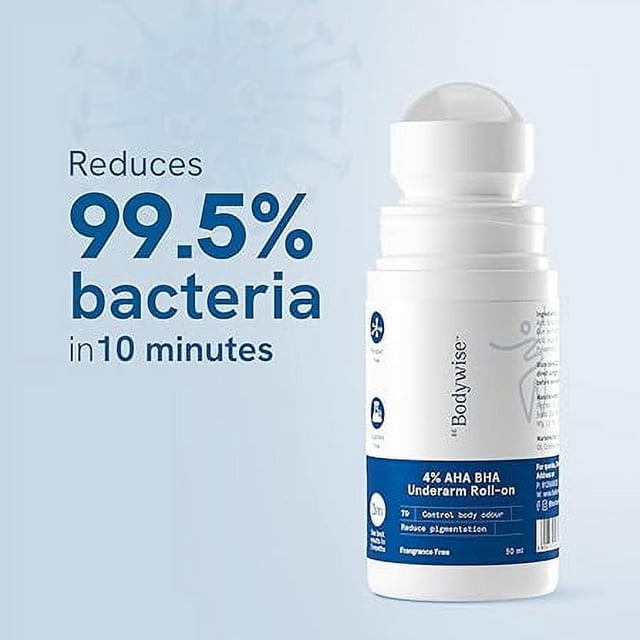 Be Bodywise 4 % AHA BHA à Bille pour Aisselles, Sans Parfum, Lot de 2 de 50 ml. Antisudorifique pour Femmes Conçu pour Réduire 99,5 % de Bactéries en 10 minutes, Éliminer les Bactéries Causant les Odeurs et Réduire la Décoloration des Aisselles. Doté d'Un design à Bille Pratique pour une application Facile Sans Résidu Collant.