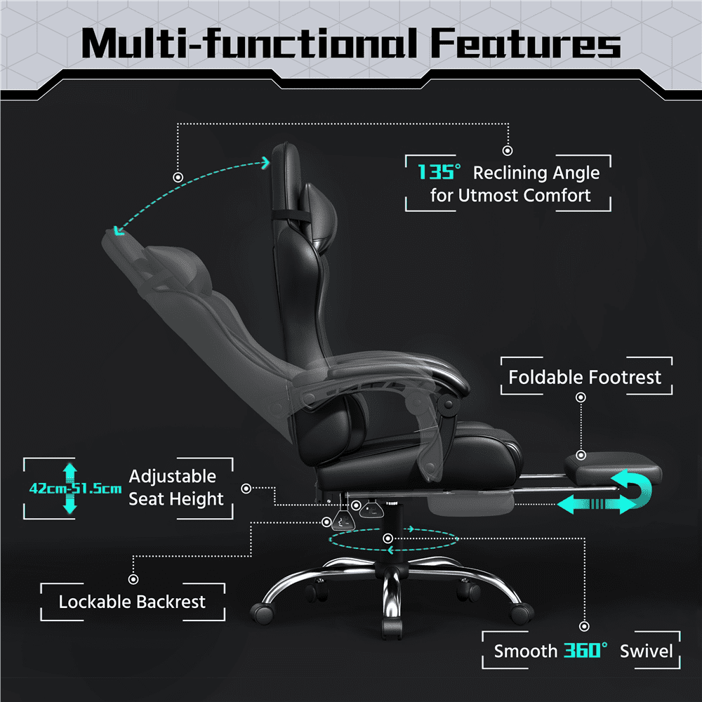 FullFurnique Chaise Gaming Ergonomique à Dossier Haut avec Repose-pieds Coulissant, Noir Intégral
