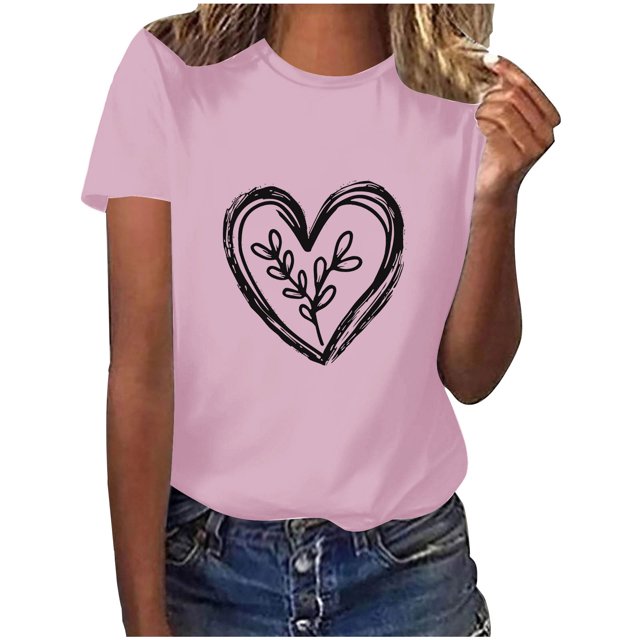 Diufon Hauts de la Saint-Valentin pour Femmes, Tunique Décontractée à Manches Courtes, Chandail à Col Rond, Blouse Tendance Mignonne à Imprimé Graphique