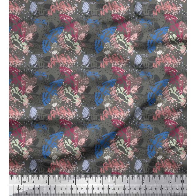 Soimoi Blue Japan Crepe Satin Fabric Insect & Texture Printed Fabric 1 Yard 42 Inch Wide