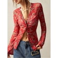 thumbnail image 4 of Women'S Long Sleeve Shirts Boho Floral Print Blouses Button Down V Neck Fitted Tops Red XXL, 4 of 8