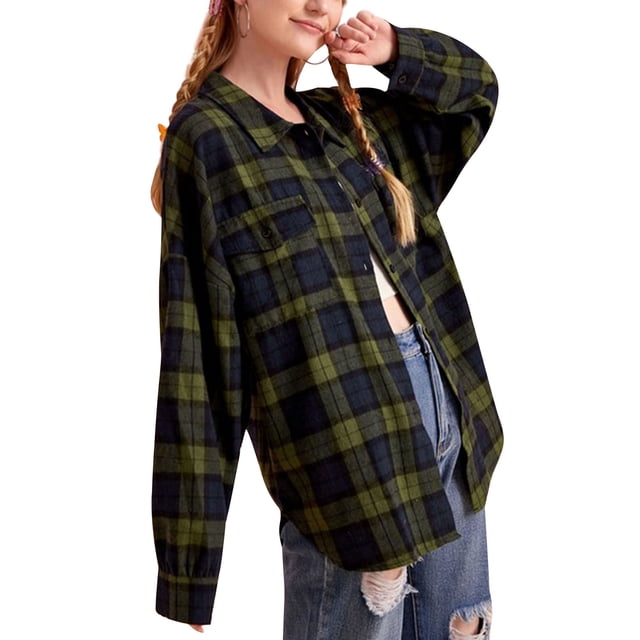 Women Plaid Flannel Shirt Jacket Button Down Lapel Long Sleeve Shirts Blouse Shacket Cardigan Coats Fall Spring Clothes