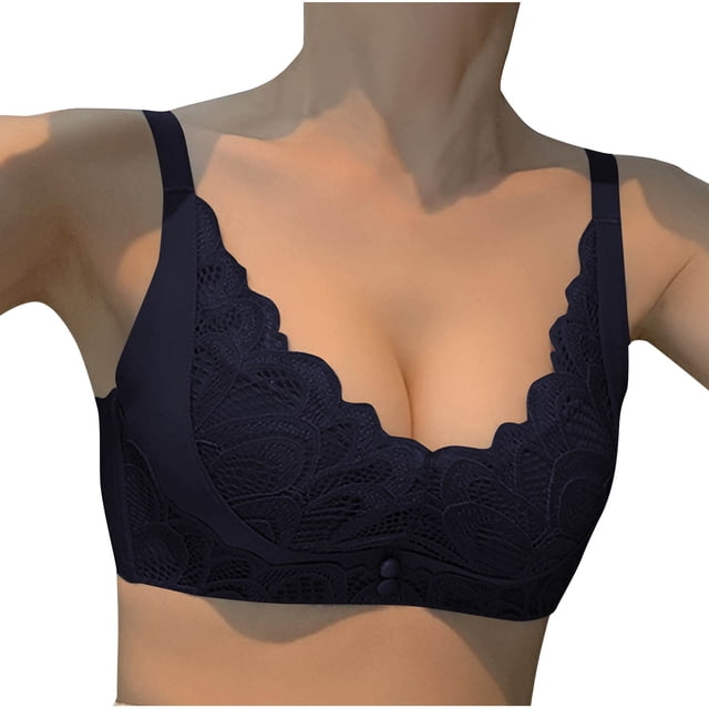 HVOBTTY Women's Push Up Wireless Bra, Fashion Women Solid Color Perspective Lace No Rims Fixed Cup Gathering Daily Bra Black, 38