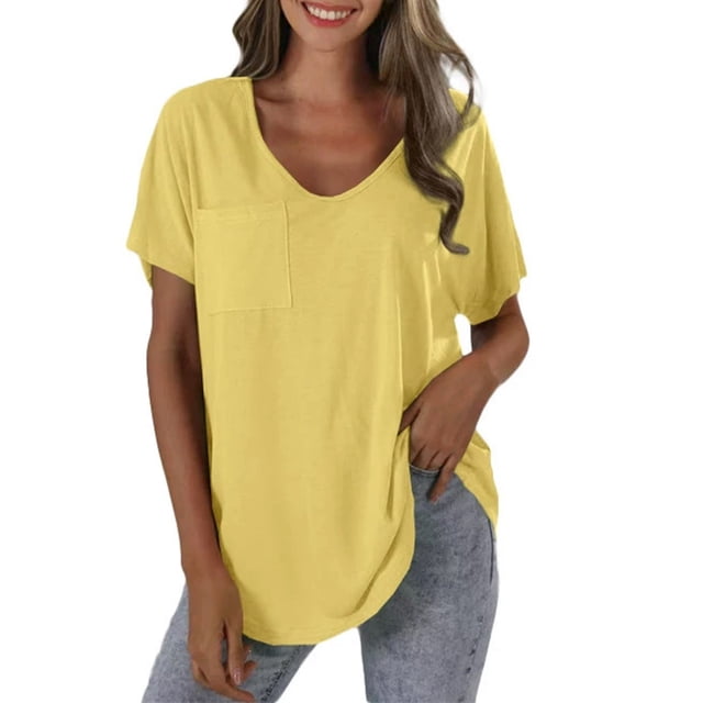 Yubnlvae T-Shirt Décontracté à Poche à Manches Courtes pour Femmes, T-Shirt Décontracté à la Mode pour Femmes Uni avec Poche, Liquidation! Uni, Col Rond, Jaune, m
