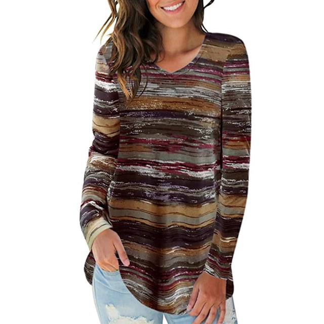 ziyahi T-shirt Femme Automne Imprimé Col en V Manches Longues Blouse Décontractée, Marron, L