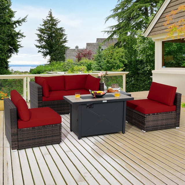Costway Ensemble de Mobilier de Patio 6 Pcs en Rotin avec Coussins Canapé Table de Foyer au Gaz Rouge