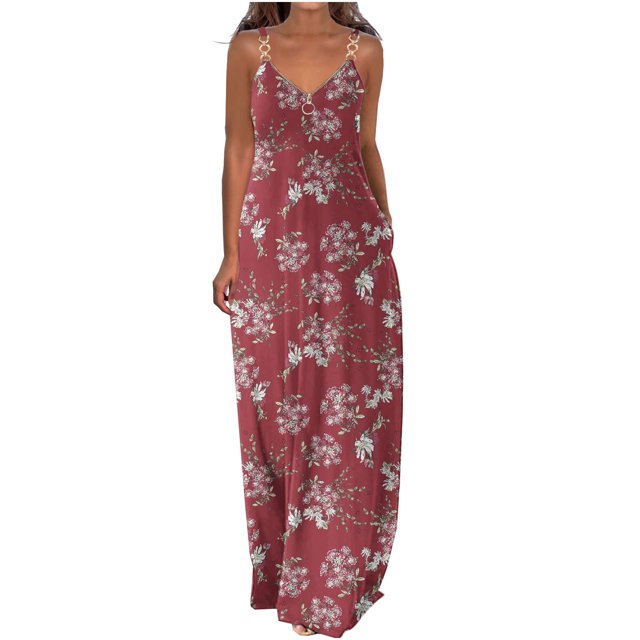 Pompotops Robes d'Été pour Femmes Décontractées Boho Imprimées à Bretelles Anneau Plage Longue Robe Maxi avec Poches