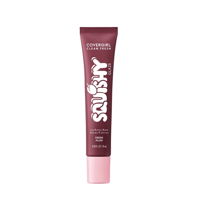 COVERGIRL Clean Fresh Squishy Glaze Lip Butter Balm Fresh Plum, 15ml tube with plum-colored body and pink cap, featuring white bold text and curved applicator, delivering up to 9 hours hydration and nourishing tinted lip treatment for fuller, smooth lips, ideal for daily lip care.
