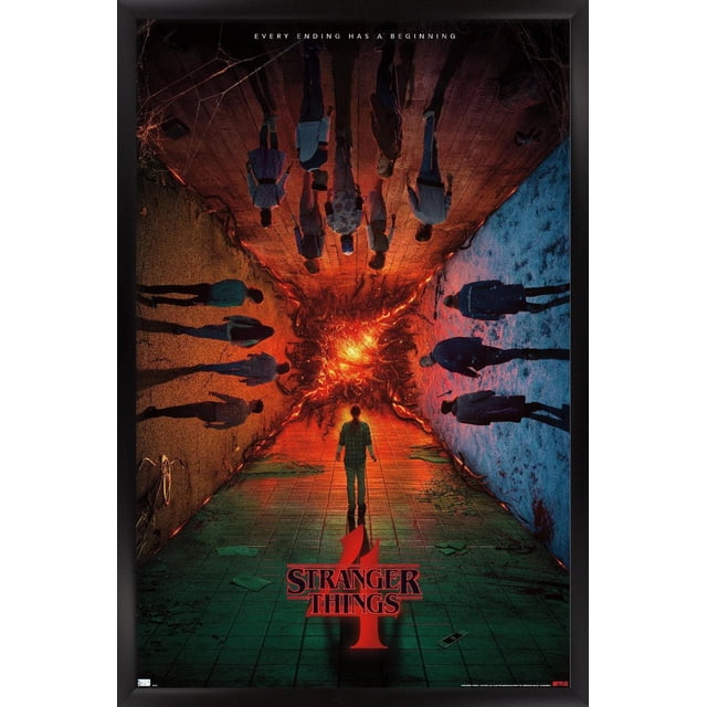 Netflix Stranger Things : Saison 4 - Affiche Teaser de Groupe en une Feuille Montrant des Personnages Debout sur un Plancher de Carreaux Face à un Portail Ardent Lumineux avec des Vrilles, Encadrée par des Murs Sombres avec un Éclairage Bleu et orange. l'Affiche Présente la phrase « Chaque Fin a un Début » et le logo Stranger Things 4 Rouge, Imprimé sur du Papier Lustré, Convient à l'Art Mural et à la Déco de Pièce.