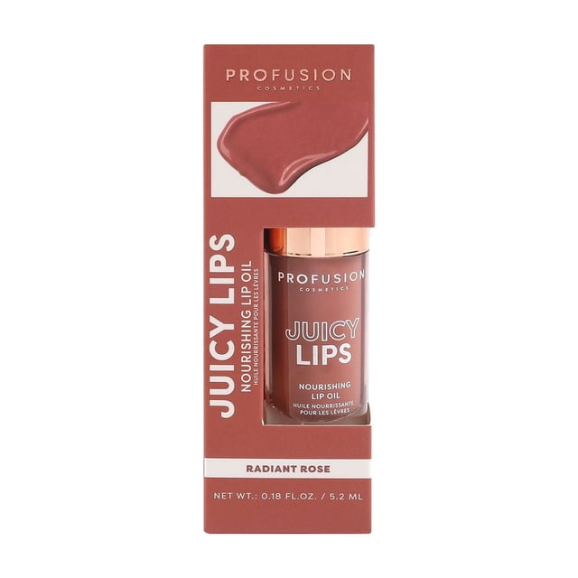 PROFUSION COSMETICS Juicy Lips nourishing lip oil in Radiant Rose, shown in a rectangular box with a clear window displaying the lip oil bottle with rose gold cap, formulated to hydrate, smooth, and plump lips with a non-sticky, lightweight glossy finish ideal for layering over lipstick.