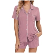 GDREDA Women's Nightwear Set Womens Pajamas Set Short Sleeve Sleepwear Button Down Nightwear Shorts Soft Home Wear Sets Women Pajama Sets pyjamas Pink,XXL