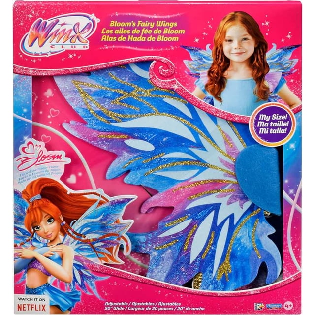 Wink Club Bloom Fairy Wings Role Play Set with large multicolour translucent wings featuring blue, pink, and white hues with gold glitter accents and adjustable elastic straps for a secure fit, displayed on pink packaging with Winx Club branding and images of Bloom wearing the wings, ideal for Halloween costume accessories and imaginative play.