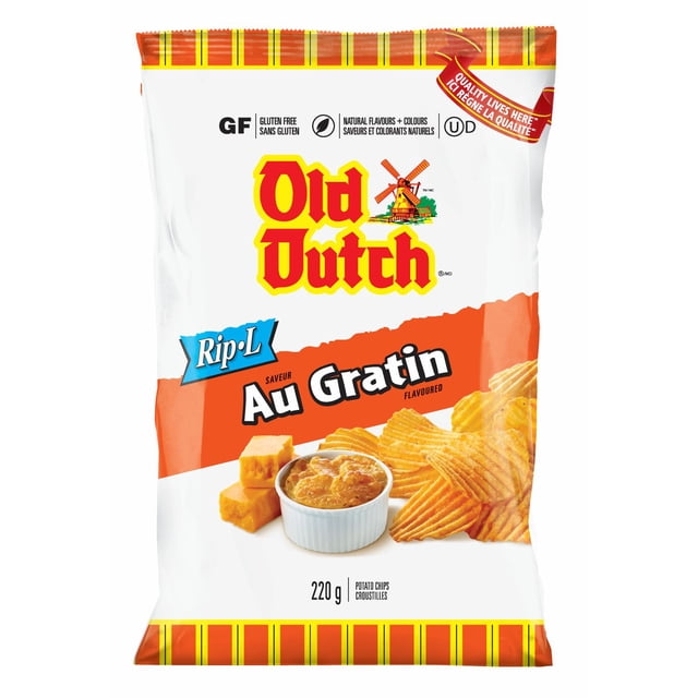 Old Dutch Ripple Au Gratin Potato Chips 220 g bag featuring thick rippled potato chips with au gratin flavour, gluten free and made with natural flavours and colours, displaying the Old Dutch windmill logo on an orange and white package, ideal for savoury snack occasions.