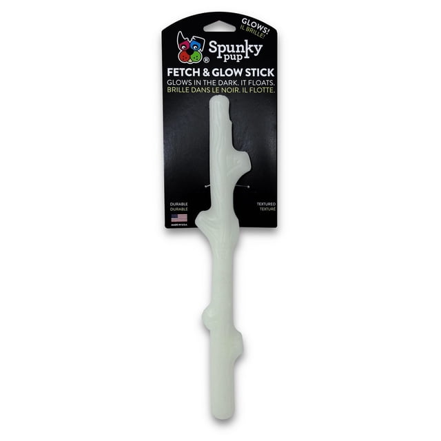 Fetch & Glow Stick Dog Toy - USA Made by Spunky Pup, a durable, textured white glow-in-the-dark stick shaped like a branch, designed for fetch play, floats on water, glows after light exposure, ideal for indoor and outdoor dog play.