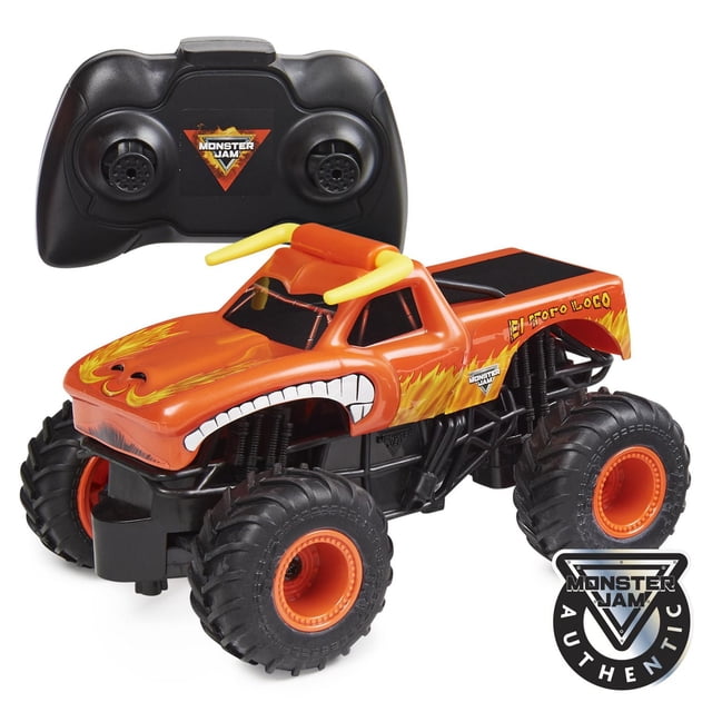Monster Jam, Official El Toro Loco Remote Control Monster Truck, 1:24 Scale, 2.4 GHz, for Ages 4 and up A centered, front-facing 1:24 scale El Toro Loco RC with bull livery, molded chassis, oversized BKT-style tires and decal details; includes dual-joystick controller and full-function 2.4GHz pairing with up-to-250-foot (76 m) control range; suitable for tabletop stunt demos.
