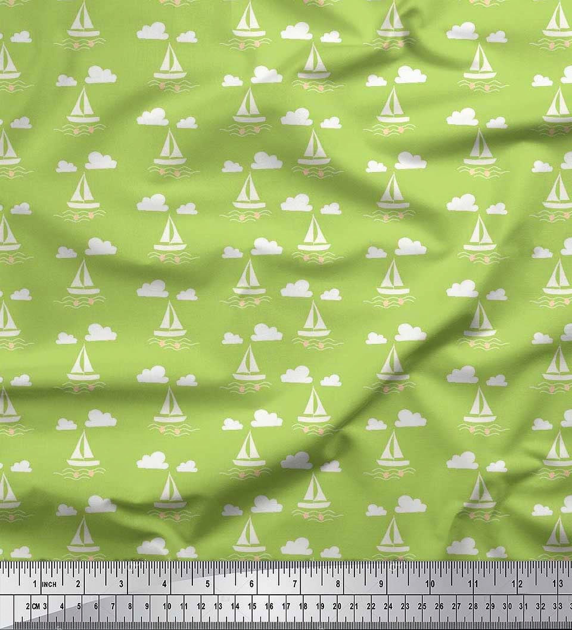 Soimoi Poly Georgette Fabric Cloud,Fish & Yacht Nautical Print Fabric by The Yard 42 Inch Wide