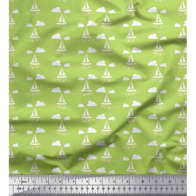 Soimoi Modal Satin Fabric Cloud,Fish & Yacht Nautical Decor Fabric Printed Yard 42 Inch Wide
