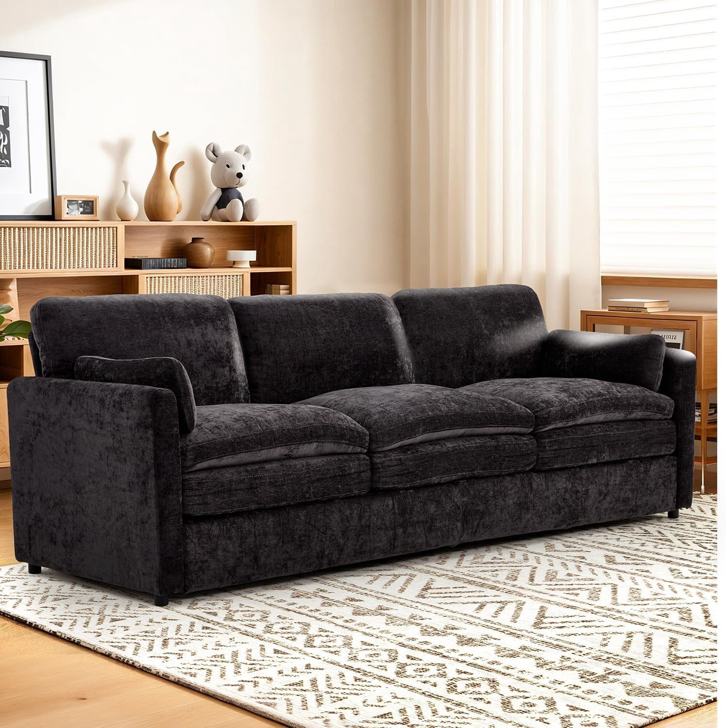 AECOJOY 89" Comfy Sofa Couch, Large 3-Seat Modern Chenille Sofa with Removable Pillows, Oversized Cloud-Like Couch for Living Room & Bedroom, Black