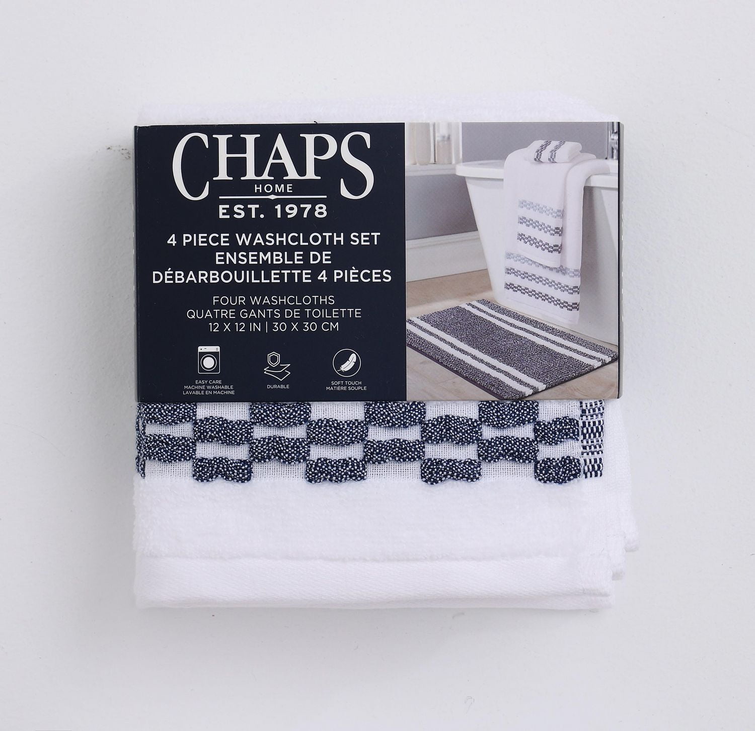 Ensemble de serviettes de luxe Chaps – paquet de 4, bleu marine, 12 po x 12 po