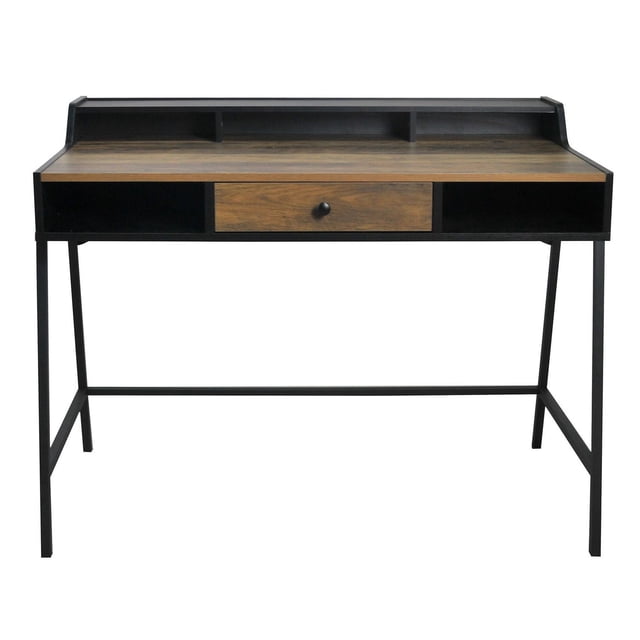 Walter Collection Bureau, Tiroir et 5 Casiers avec Fini Bois Bicolore Noir et Brun, Comprenant un Tiroir avant et Cinq Casiers – Deux sous le Bureau et Trois sur une Étagère Arrière Surélevée – Soutenus par des Pattes en Métal Noir, Convenant à l'Utilisation à la Maison et au Bureau et à l'Organisation des Fournitures de Bureau.