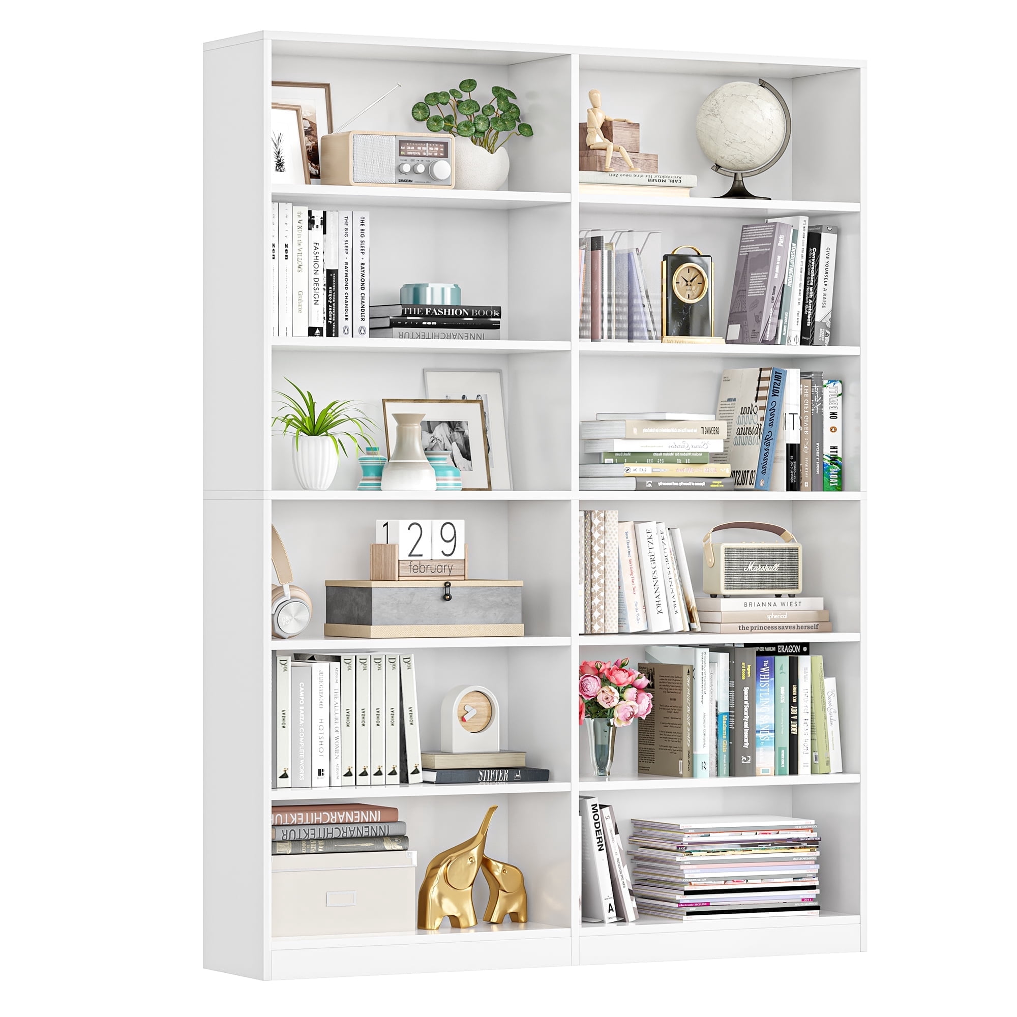 Homfa 74.3” Double Wide 6-Tier Bookcase, Extra Large Wooden Freestanding Display Bookshelf for Home Office Living Room, White