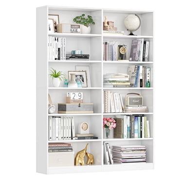 Homfa 74.3” Double Wide 6-Tier Bookcase, Extra Large Wooden Freestanding Display Bookshelf for Home Office Living Room, White